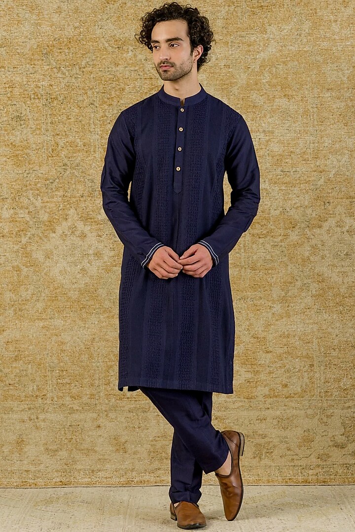 Navy Blue Cotton Silk Blend Kurta Set by Devnaagri Men