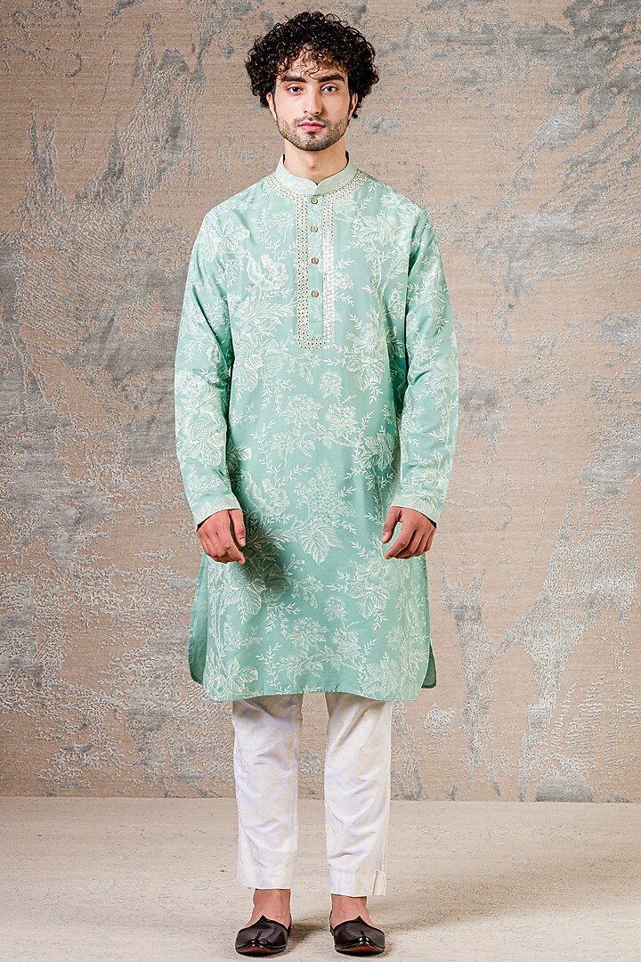 Sea Green Block Printed Kurta Set by Devnaagri Men