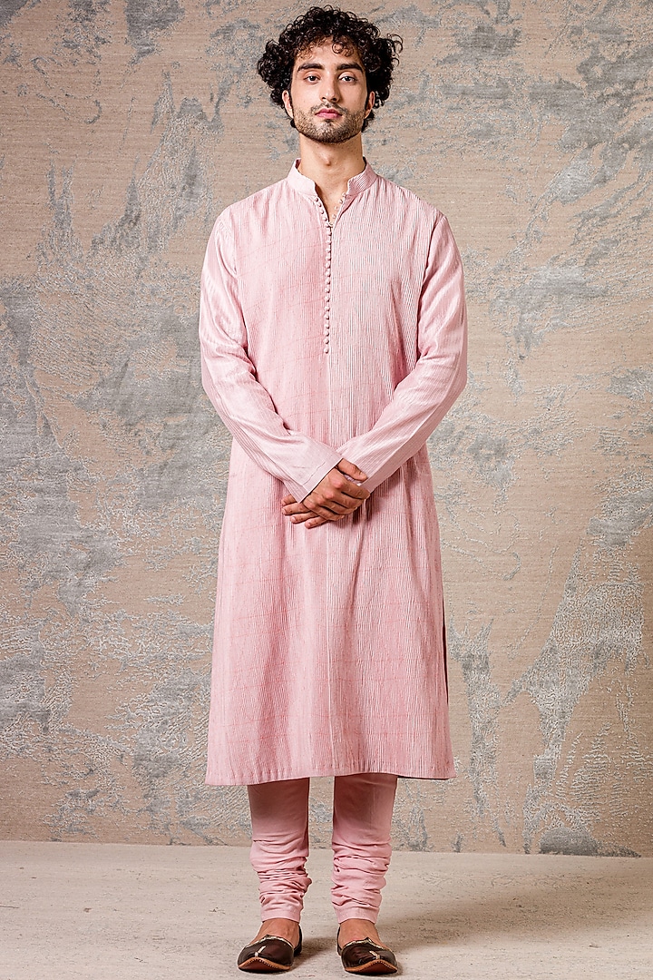 Blush Pink Pintucked Kurta Set by Devnaagri Men