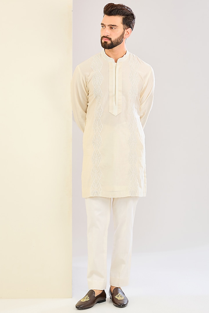 Ivory Silk Chanderi Dori Embroidered Kurta Set by Devnaagri Men