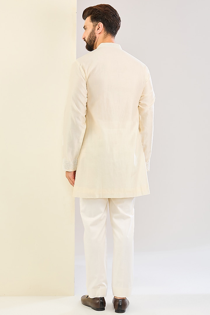 Ivory Silk Chanderi Dori Embroidered Kurta Set by Devnaagri Men at Pernia's Pop Up Shop