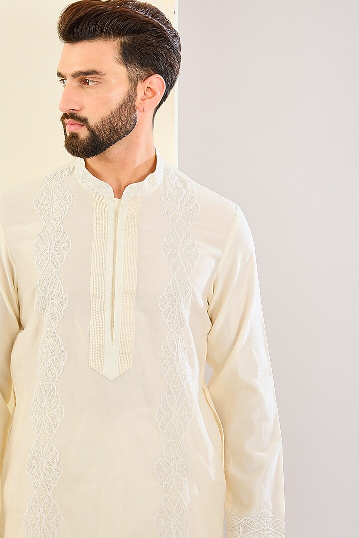Ivory Silk Chanderi Dori Embroidered Kurta Set by Devnaagri Men at Pernia's Pop Up Shop