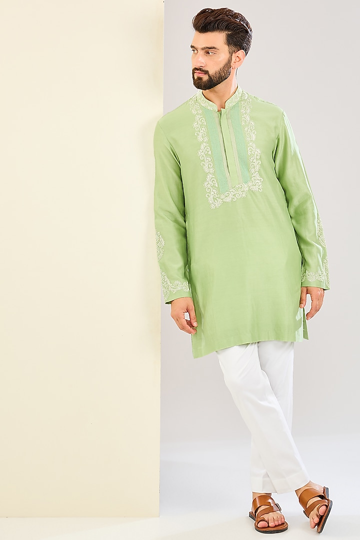 Pistachio Green Silk Chanderi Dori Embroidered Kurta Set by Devnaagri Men