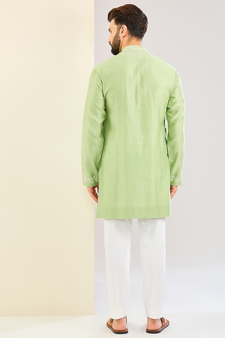 Pistachio Green Silk Chanderi Dori Embroidered Kurta Set by Devnaagri Men at Pernia's Pop Up Shop