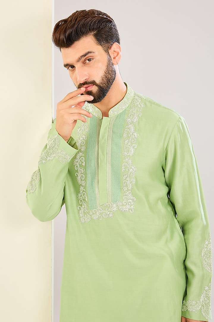 Pistachio Green Silk Chanderi Dori Embroidered Kurta Set by Devnaagri Men at Pernia's Pop Up Shop