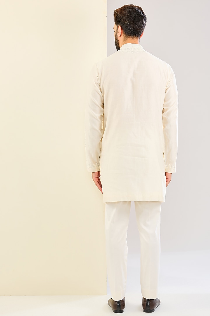 Ivory Silk Chanderi Dori Embroidered Kurta Set by Devnaagri Men at Pernia's Pop Up Shop