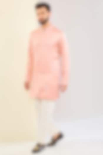 Blush Pink Silk Satin Dori Embroidered Kurta Set by Devnaagri Men at Pernia's Pop Up Shop