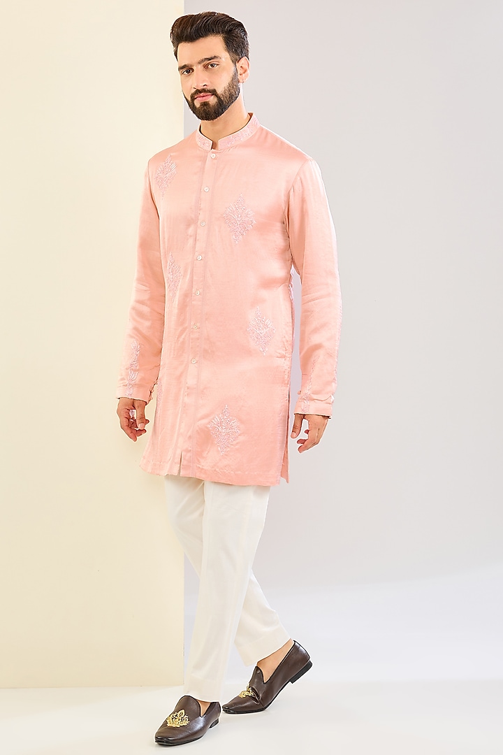 Blush Pink Silk Satin Dori Embroidered Kurta Set by Devnaagri Men