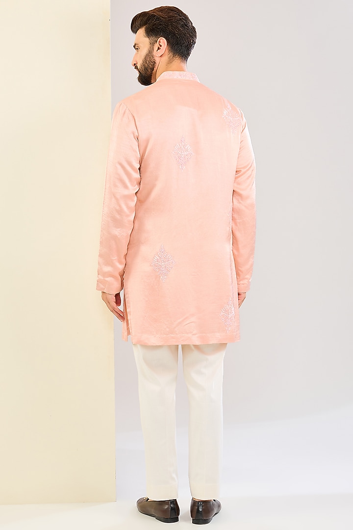 Blush Pink Silk Satin Dori Embroidered Kurta Set by Devnaagri Men at Pernia's Pop Up Shop