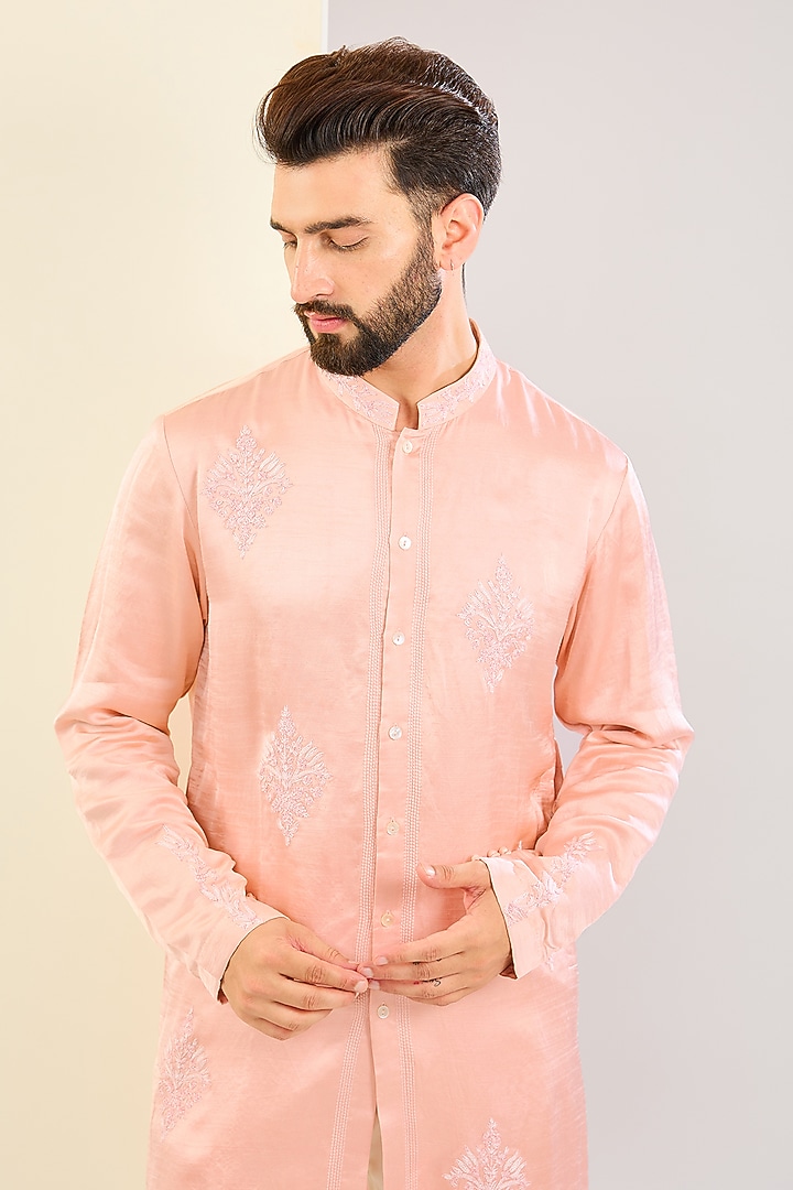 Blush Pink Silk Satin Dori Embroidered Kurta Set by Devnaagri Men at Pernia's Pop Up Shop