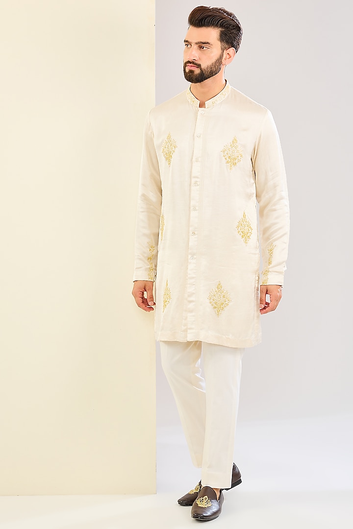 Ivory Silk Satin Dori Embroidered Kurta Set by Devnaagri Men