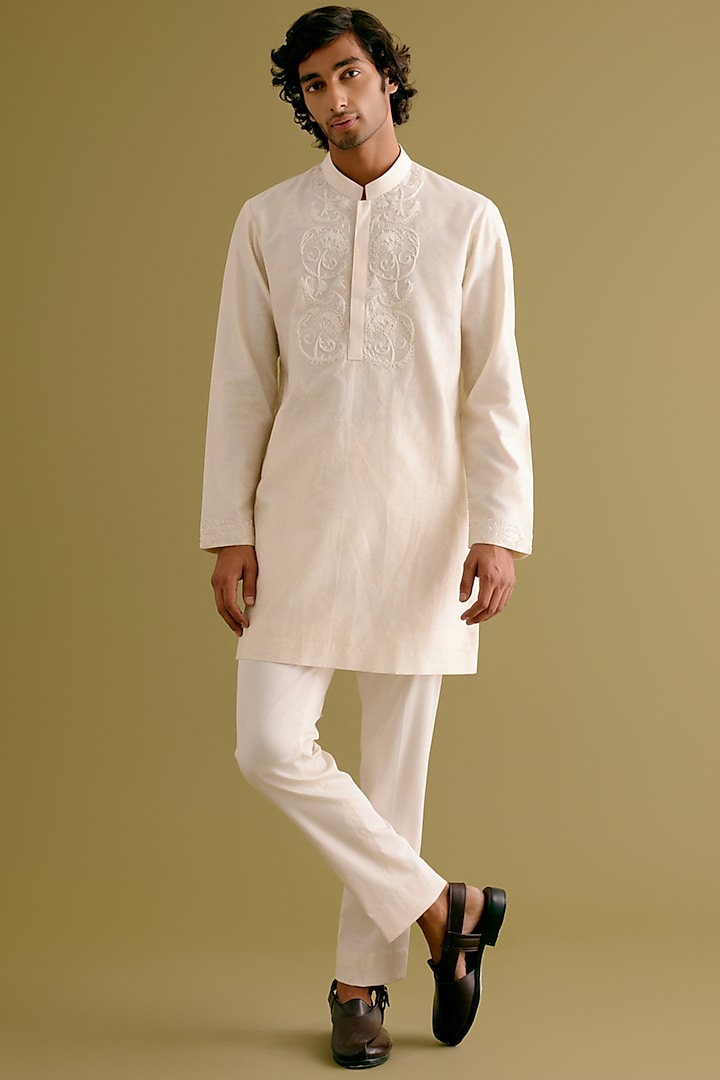 Ivory Silk Chanderi Dori Embroidered Kurta Set by Devnaagri Men at Pernia's Pop Up Shop