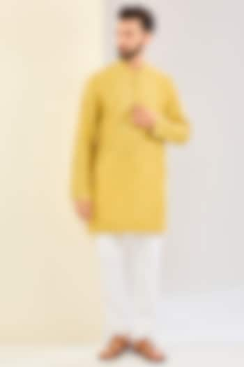 Mustard Yellow Silk Chanderi Block Printed & Dori Embroidered Kurta Set by Devnaagri Men