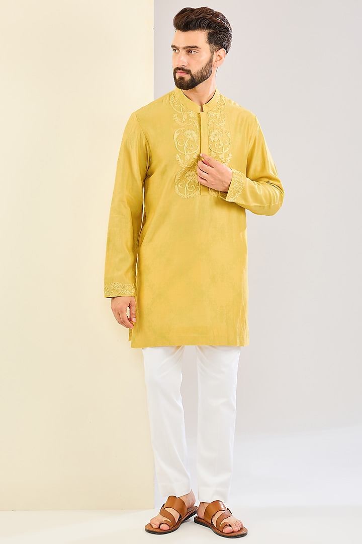 Mustard Yellow Silk Chanderi Block Printed & Dori Embroidered Kurta Set by Devnaagri Men