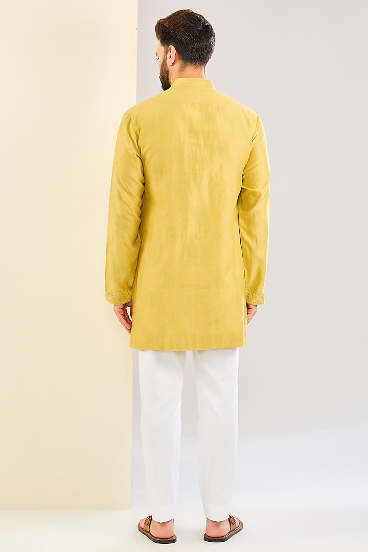 Mustard Yellow Silk Chanderi Block Printed & Dori Embroidered Kurta Set by Devnaagri Men at Pernia's Pop Up Shop