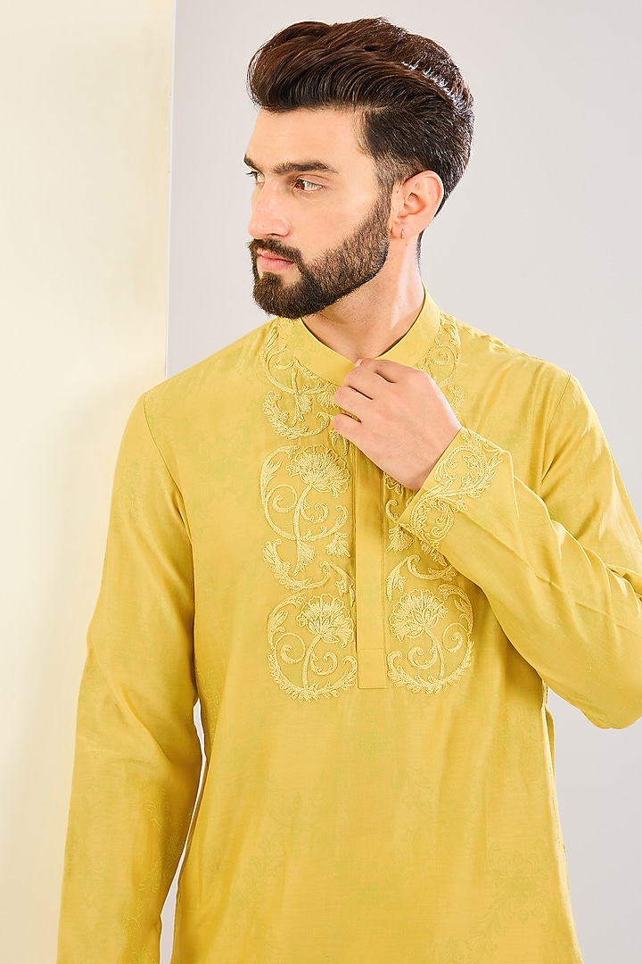 Mustard Yellow Silk Chanderi Block Printed & Dori Embroidered Kurta Set by Devnaagri Men at Pernia's Pop Up Shop