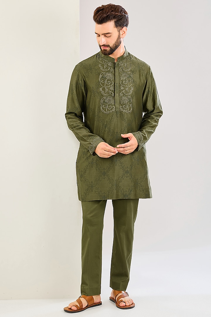 Olive Green Silk Chanderi Block Printed & Dori Embroidered Kurta Set by Devnaagri Men