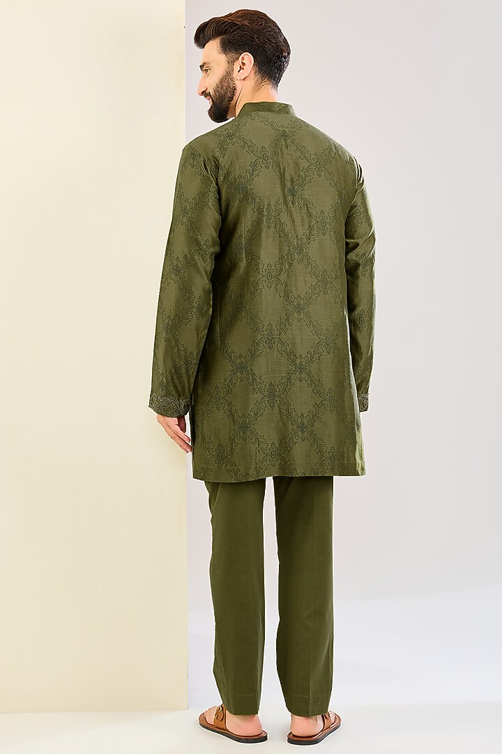 Olive Green Silk Chanderi Block Printed & Dori Embroidered Kurta Set by Devnaagri Men at Pernia's Pop Up Shop
