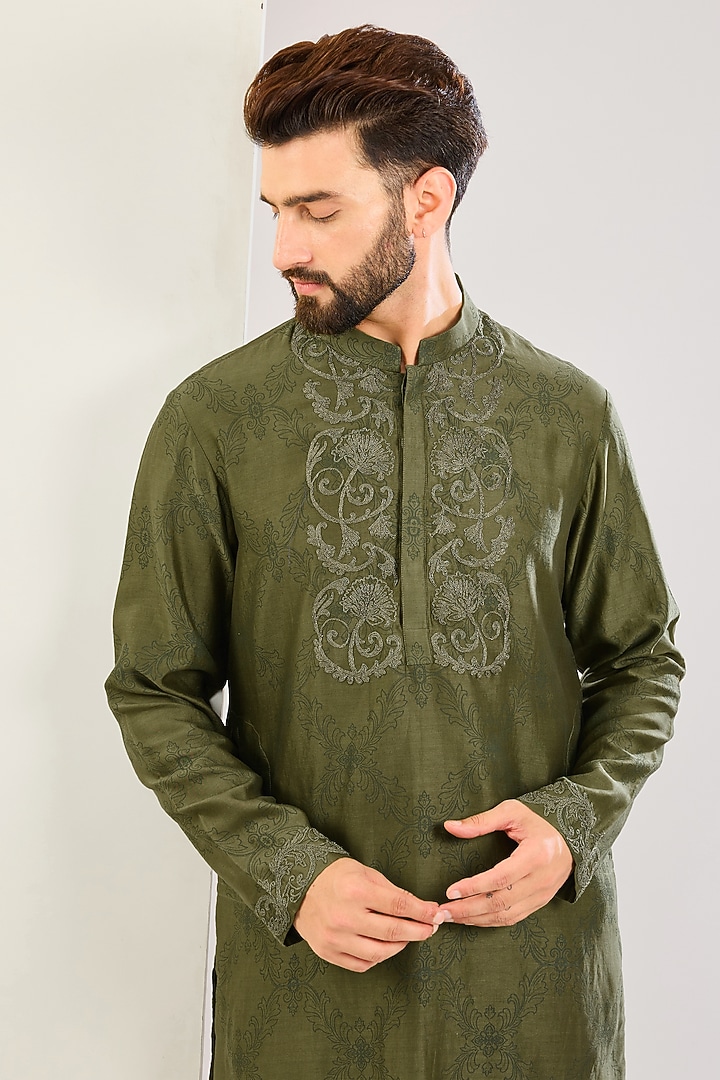 Olive Green Silk Chanderi Block Printed & Dori Embroidered Kurta Set by Devnaagri Men at Pernia's Pop Up Shop