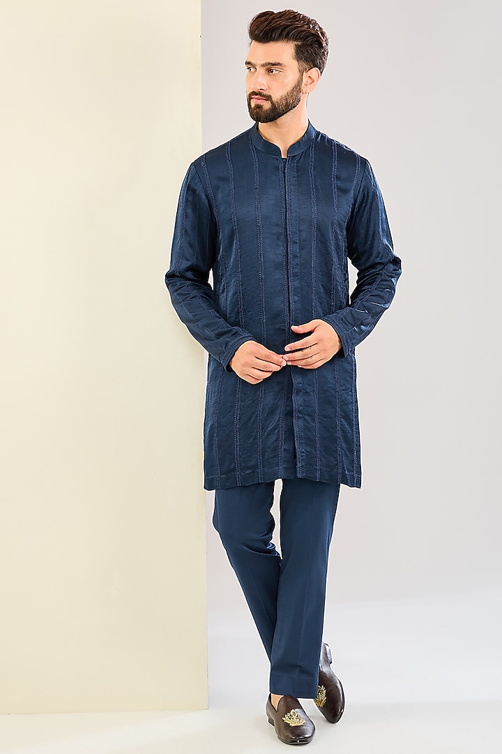 Deep Blue Silk Satin Dori Embroidered Kurta Set by Devnaagri Men at Pernia's Pop Up Shop