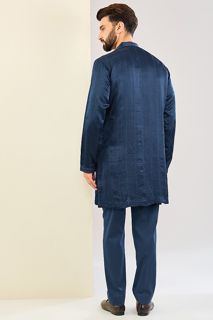 Deep Blue Silk Satin Dori Embroidered Kurta Set by Devnaagri Men at Pernia's Pop Up Shop