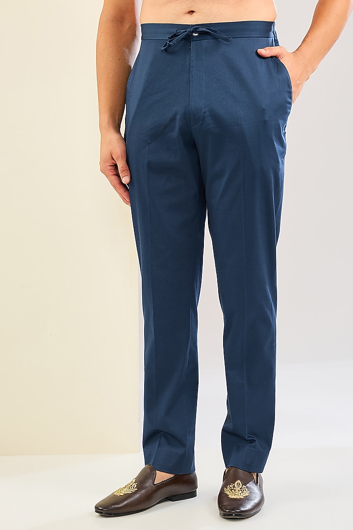 Deep Blue Silk Satin Dori Embroidered Kurta Set by Devnaagri Men at Pernia's Pop Up Shop
