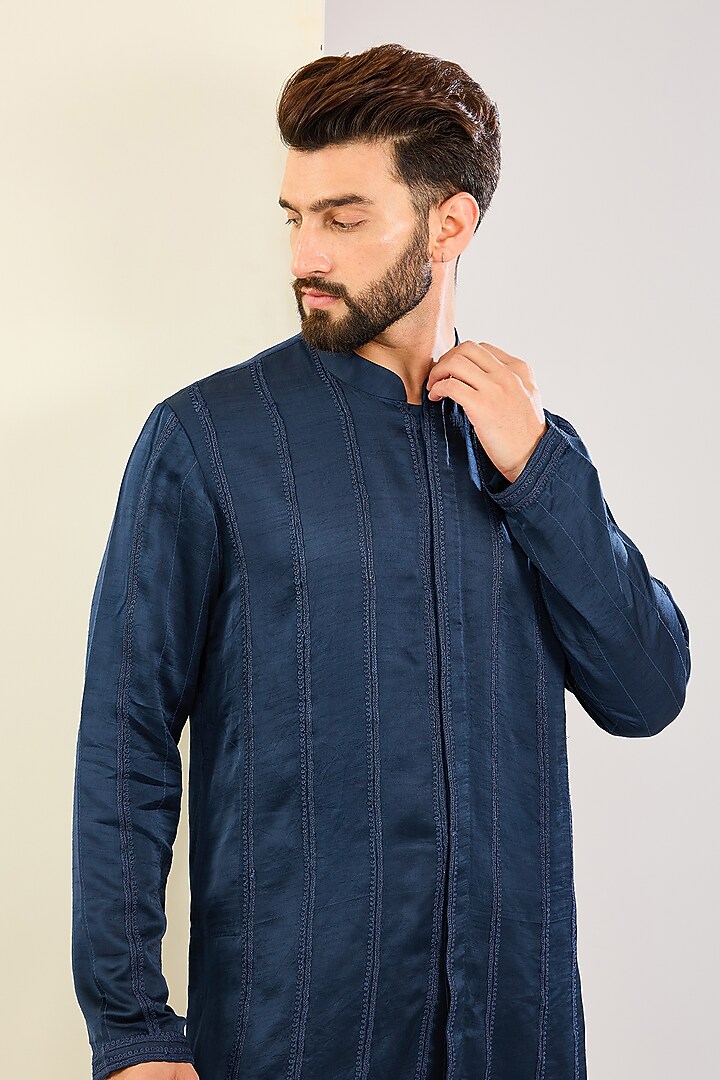 Deep Blue Silk Satin Dori Embroidered Kurta Set by Devnaagri Men at Pernia's Pop Up Shop