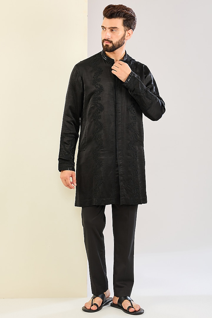 Black Silk Satin Dori Embroidered Kurta Set by Devnaagri Men