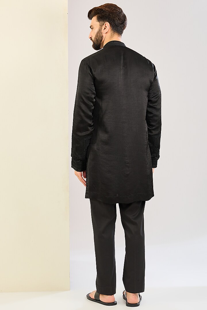 Black Silk Satin Dori Embroidered Kurta Set by Devnaagri Men at Pernia's Pop Up Shop