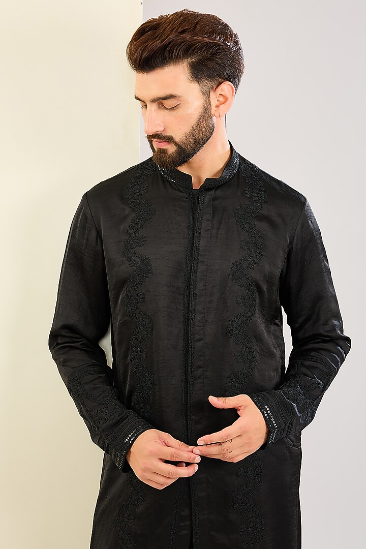 Black Silk Satin Dori Embroidered Kurta Set by Devnaagri Men at Pernia's Pop Up Shop