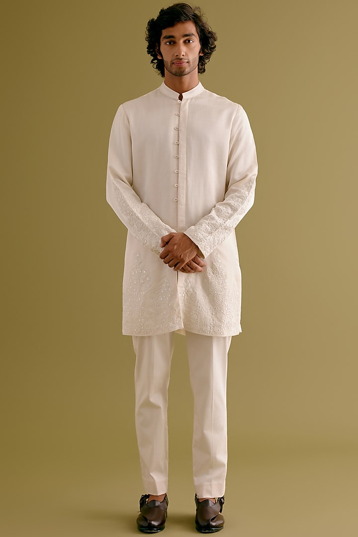 Ivory Silk Satin Dori Embroidered Kurta Set by Devnaagri Men