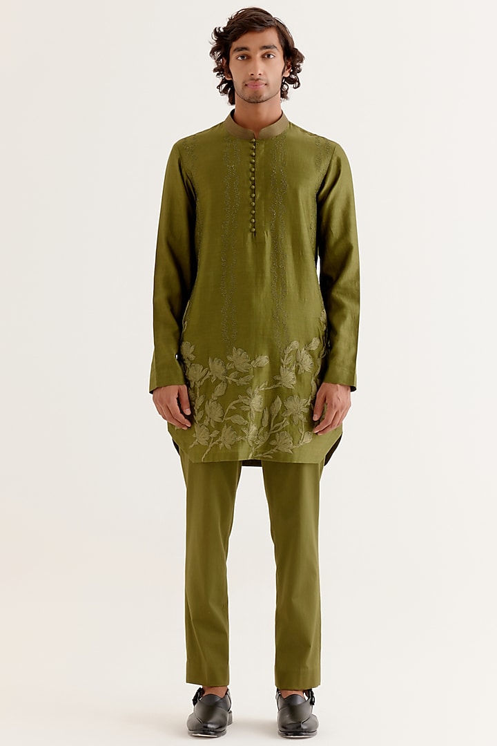 Olive Green Silk Satin Dori Embroidered Kurta Set by Devnaagri Men