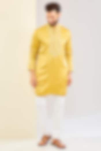 Mustard Yellow Silk Satin Dori Embroidered Kurta Set by Devnaagri Men