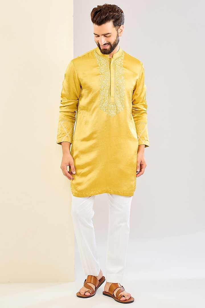 Mustard Yellow Silk Satin Dori Embroidered Kurta Set by Devnaagri Men