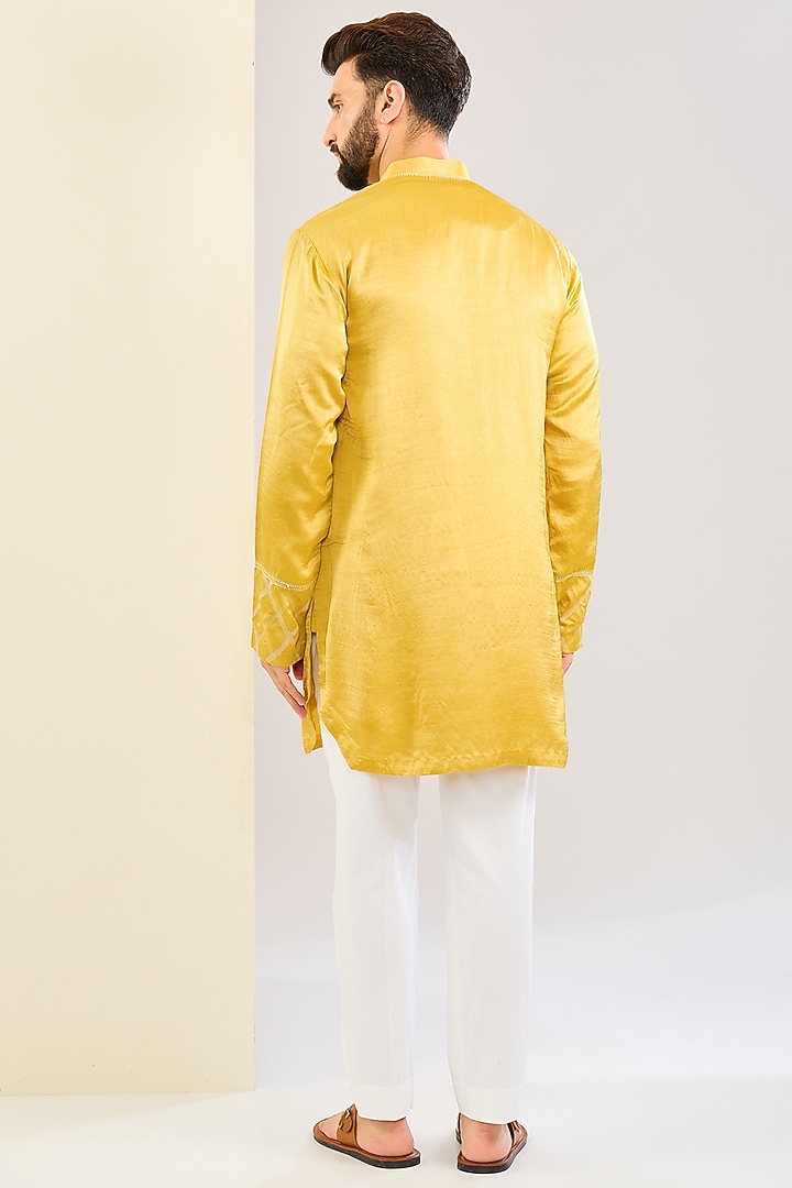 Mustard Yellow Silk Satin Dori Embroidered Kurta Set by Devnaagri Men at Pernia's Pop Up Shop
