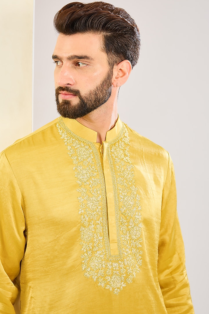 Mustard Yellow Silk Satin Dori Embroidered Kurta Set by Devnaagri Men at Pernia's Pop Up Shop