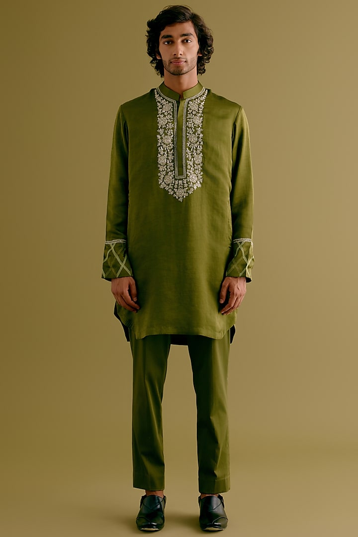 Olive Green Silk Satin Dori Embroidered Kurta Set by Devnaagri Men