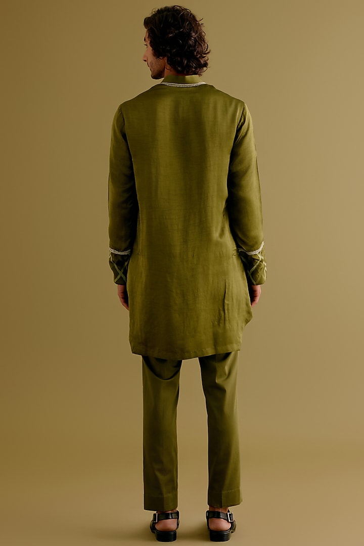Olive Green Silk Satin Dori Embroidered Kurta Set by Devnaagri Men at Pernia's Pop Up Shop