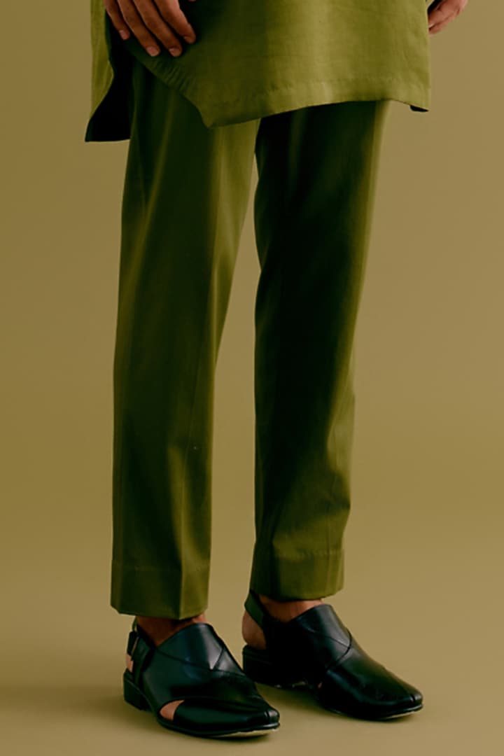 Olive Green Silk Satin Dori Embroidered Kurta Set by Devnaagri Men at Pernia's Pop Up Shop