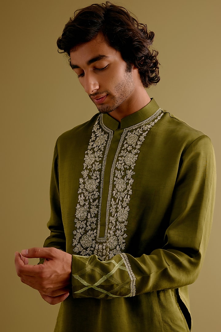 Olive Green Silk Satin Dori Embroidered Kurta Set by Devnaagri Men at Pernia's Pop Up Shop