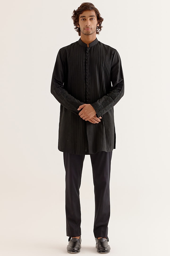 Black Cotton Silk Blend Dori Embroidered Kurta Set by Devnaagri Men