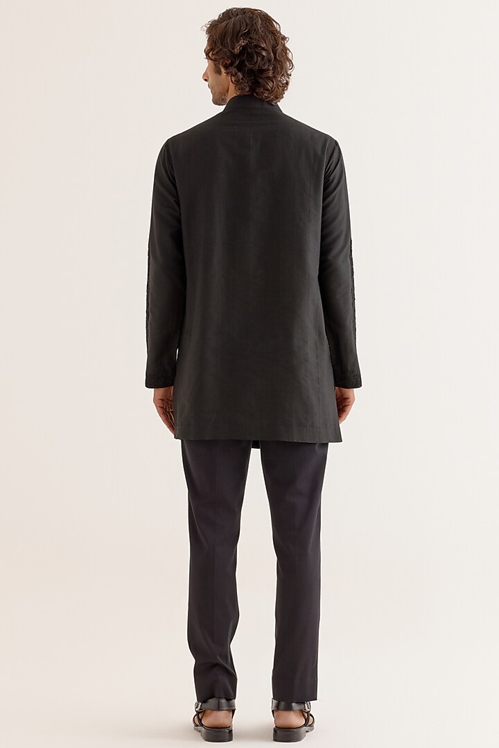 Black Cotton Silk Blend Dori Embroidered Kurta Set by Devnaagri Men at Pernia's Pop Up Shop