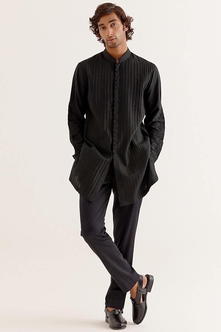 Black Cotton Silk Blend Dori Embroidered Kurta Set by Devnaagri Men at Pernia's Pop Up Shop
