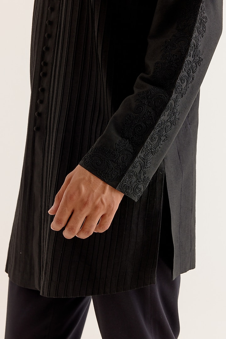 Black Cotton Silk Blend Dori Embroidered Kurta Set by Devnaagri Men at Pernia's Pop Up Shop