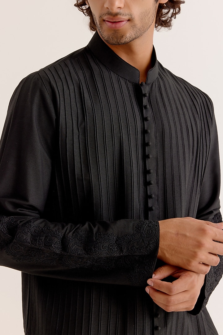 Black Cotton Silk Blend Dori Embroidered Kurta Set by Devnaagri Men at Pernia's Pop Up Shop