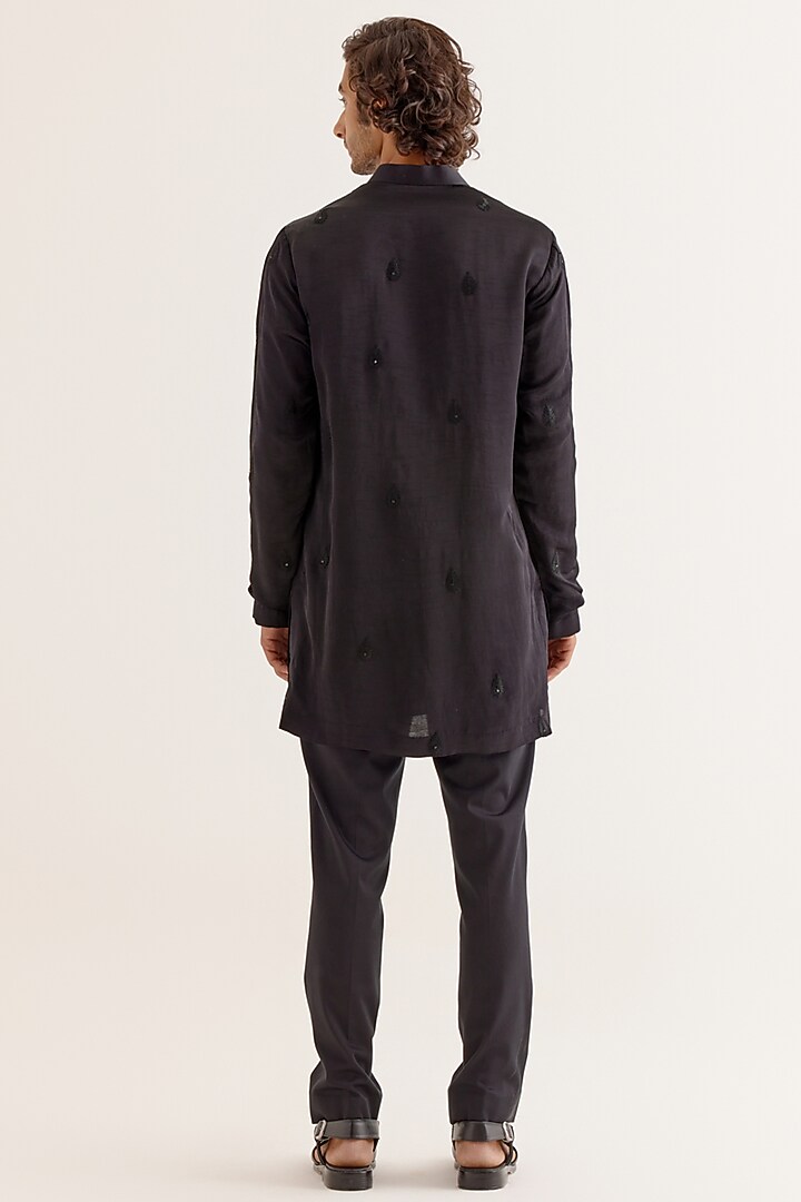 Black Silk Satin Dori Embroidered Kurta Set by Devnaagri Men at Pernia's Pop Up Shop