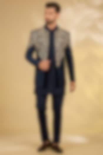 Navy Blue Cotton Silk Wedding Indowestern Set by Devnaagri Men at Pernia's Pop Up Shop