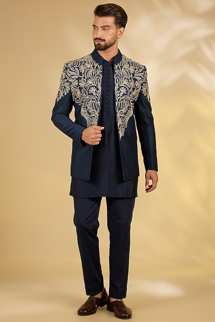 Navy Blue Cotton Silk Wedding Indowestern Set by Devnaagri Men at Pernia's Pop Up Shop
