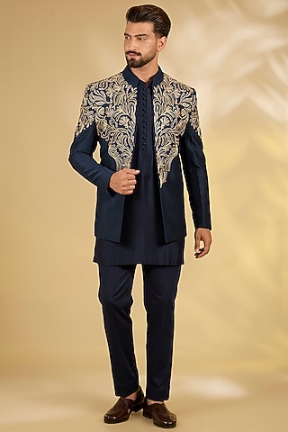 Navy Blue Cotton Silk Indowestern Set by Devnaagri Men