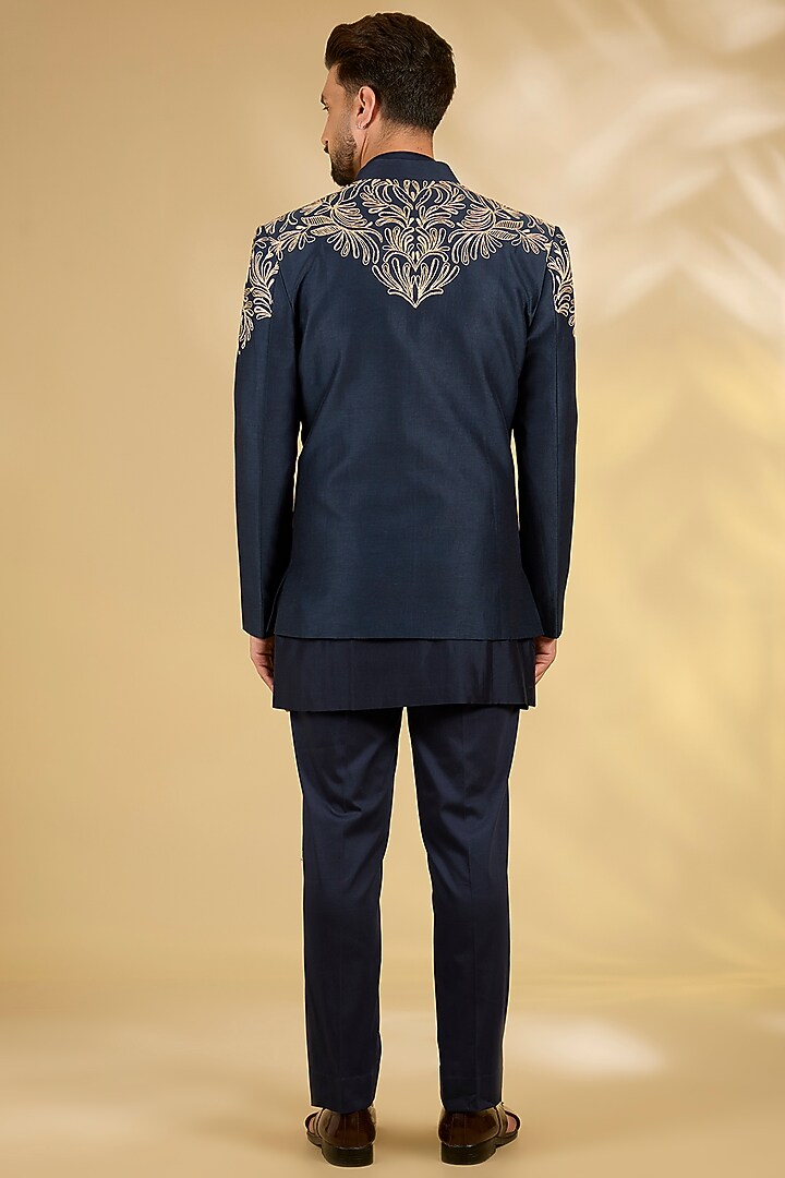 Navy Blue Cotton Silk Wedding Indowestern Set by Devnaagri Men at Pernia's Pop Up Shop